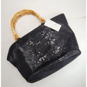 Black Sequin Fabric Tote Handbag with Bamboo Handles and Zip Top DH350